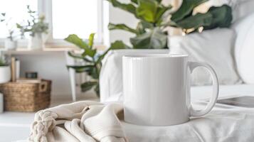 white 11oz ceramic mug, boho style, in a white living room, texture, boho vibe photo