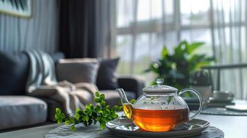 green tea and a teapot, in a modern apartment kodak portrait, real photo
