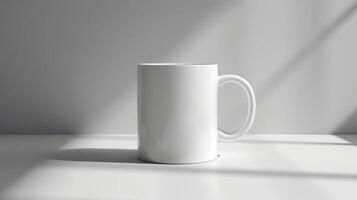 White blank 11 oz mug with soft, diffused light creating gentle shadows, against a simple, neutral background photo