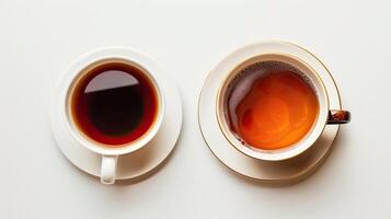 cup of coffee and cup of tea on white background photo