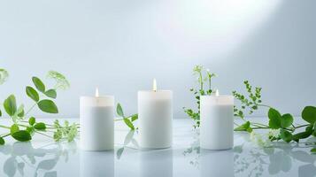 Four scented candles on a pure white background, composition on the right, geometric decoration, clear reflections, forest elements photo