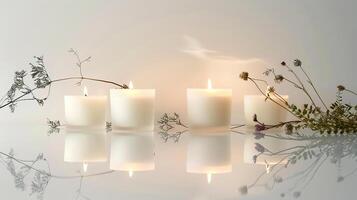 Four scented candles on a pure white background, composition on the right, geometric decoration, clear reflections, forest elements photo