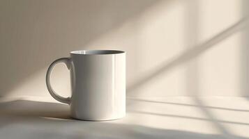 White blank 11 oz mug with soft, diffused light creating gentle shadows, against a simple, neutral background photo