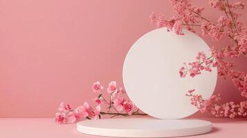 flat lay top view of white round podium for product empty mockup pink pastel background pink flowers photo