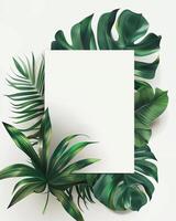 ultra realista blanco blanco tarjeta, allí fueron hojas apilado arriba detrás el papel por minimalista acuarela hermosa tropical hojas foto
