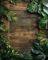 top view of a wooden table, with tropical plants and leaves around it photo