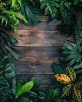 top view of a wooden table, with tropical plants and leaves around it photo