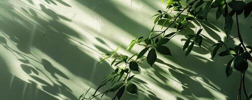 The light and shadow of green leaves hit the light green wall photo