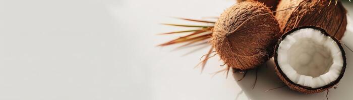 milky white background with three coconuts, a lot of empty space photo