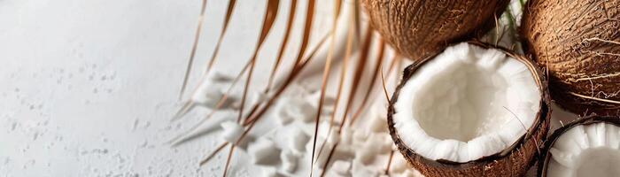 milky white background with three coconuts, a lot of empty space photo