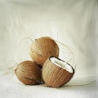 milky white background with three coconuts, a lot of empty space photo