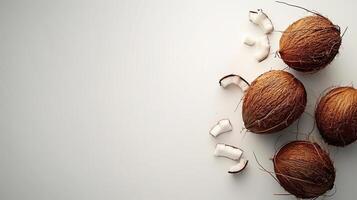 milky white background with three coconuts, a lot of empty space photo