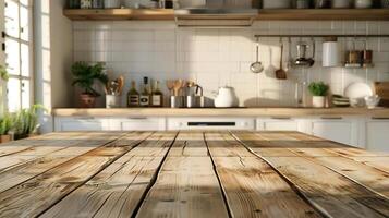 Wooden table foreground with a kitchen background, optimized for product shoots involving kitchen items and culinary setups, complemented by a blurred room effect photo