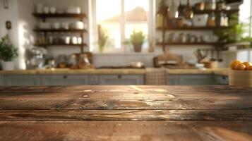 Wooden table foreground with a kitchen background, optimized for product shoots involving kitchen items and culinary setups, complemented by a blurred room effect photo