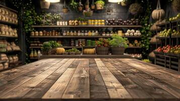 Wooden tabletop set against the engaging backdrop of a grocery store, highlighting an array of fresh produce and goods, suitable for commercial use photo