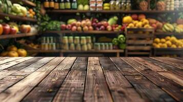 de madera mesa conjunto en contra el atractivo fondo de un tienda de comestibles almacenar, destacando un formación de Fresco Produce y bienes, adecuado para comercial utilizar foto