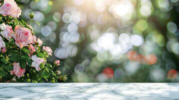 White marble table with a blurred light bokeh from a rose garden as a background for a product display, creating a studio mockup backdrop photo