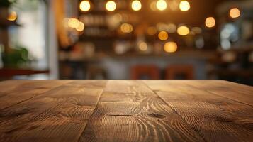 Warm wooden table surface with a soft bokeh effect from restaurant lights in the background, suitable for food and dining presentations photo