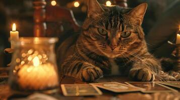 Viewed from across the table, a cat fortune teller shuffles tarot cards with deft paws, their mysterious eyes locking with yours as they reveal your fate photo