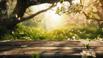 Vibrant spring setting with lush young foliage and flowering branches, showcasing an empty wooden table bathed in natural sunlight, perfect for outdoor scenes photo