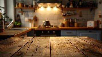 Wooden table foreground with a kitchen background, optimized for product shoots involving kitchen items and culinary setups, complemented by a blurred room effect photo