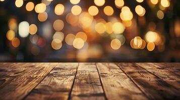Warm wooden table surface with a soft bokeh effect from restaurant lights in the background, suitable for food and dining presentations photo