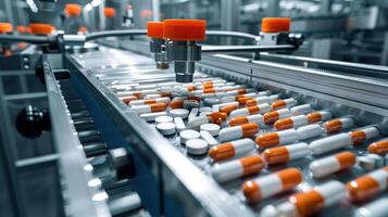 Automation technology in a pharmaceutical lab from top view Automated machines filling and packaging medications photo