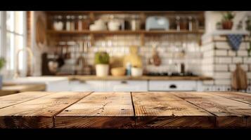 Sturdy wooden table with a kitchen scene backdrop, ideal for displaying kitchen products or food, with a blurred room for added focus on the foreground photo