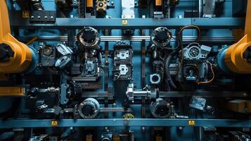 Automated parts sorting system in operation from top view Efficient sorting of components, captured in robotic tone with a Triadic Color Scheme photo