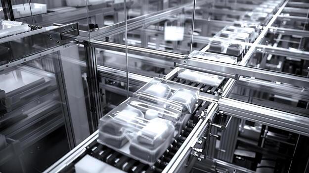 Automation in food packaging from top view An automated line packaging food products swiftly and hygienically photo