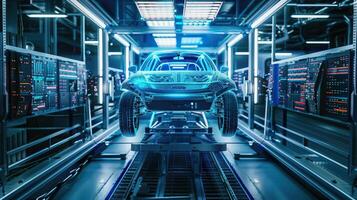 Automated testing of car electronics from front view Precision testing of automotive electronics, emphasizing reliability in futuristic tone with a Complementary Color Scheme photo