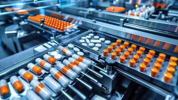 Automation technology in a pharmaceutical lab from top view Automated machines filling and packaging medications photo