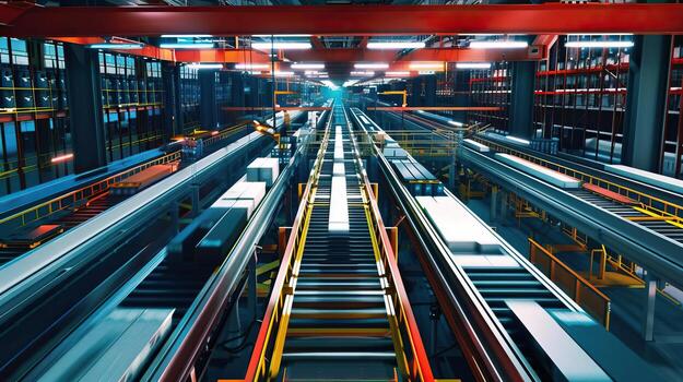 Automated packaging section of a modern industrial factory from top view Conveyor belts packaging products efficiently photo