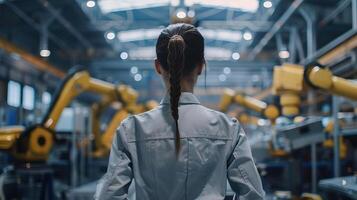 Cinematic shot of a female employee from behind, managing an advanced robotic machine in a large scale production facility, industrial aesthetics photo