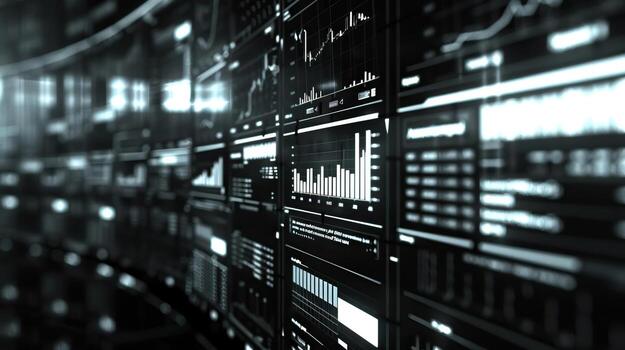 Hightech dashboard display of production statistics in front view Digital monitors showing realtime stats photo