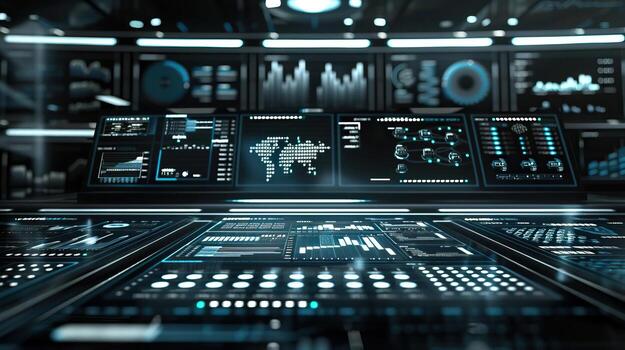 Hightech dashboard display of production statistics in front view Digital monitors showing realtime stats photo