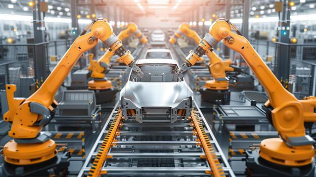 Industrial robots assembling cars in side view Robots efficiently assembling vehicle parts, showcasing precision in robotic tone with a vivid color scheme photo