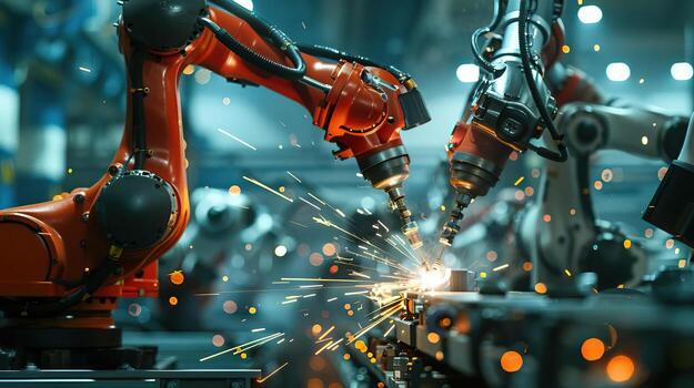Welding robots in action on an automotive assembly line from side view Focusing on the sparks and precision in scifi tone with a Complementary Color Scheme photo