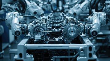 Closeup of robotic arms assembling car engines in front view Highlighting precision mechanics in technology tone with a Monochromatic Color Scheme photo