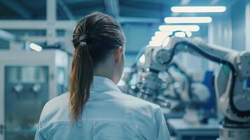 Cinematic shot of a female employee from behind, managing an advanced robotic machine in a large scale production facility, industrial aesthetics photo