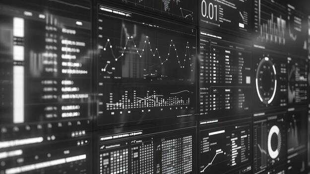 Hightech dashboard display of production statistics in front view Digital monitors showing realtime stats photo