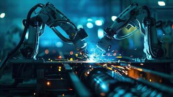 Highspeed robotic welders at work in side view Robots welding metal components, reflecting precision in robotic tone with a colored pastel scheme photo