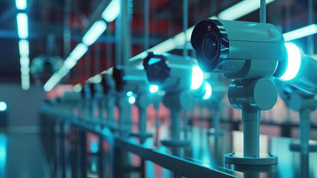 Quality control station with AI cameras in side view AI cameras scrutinizing products for defects, illustrating vigilance in digital tone with a Complementary Color Scheme photo