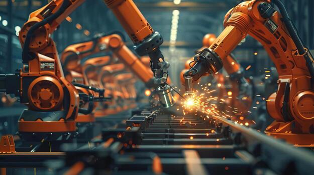 Welding robots in action on an automotive assembly line from side view Focusing on the sparks and precision in scifi tone with a Complementary Color Scheme photo
