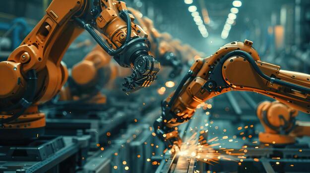 Welding robots in action on an automotive assembly line from side view Focusing on the sparks and precision in scifi tone with a Complementary Color Scheme photo
