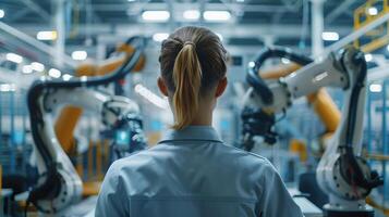 Cinematic shot of a female employee from behind, managing an advanced robotic machine in a large scale production facility, industrial aesthetics photo