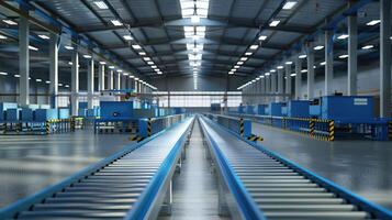 Cinematic view of a contemporary industrial factory with blue steel machinery and automated conveyor systems for manufacturing photo