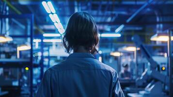 Female factory worker with her back to the camera, operating an industrial robot in a manufacturing plant, observing the production process, cinematic lighting photo