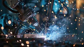 Highspeed robotic welders at work in side view Robots welding metal components, reflecting precision in robotic tone with a colored pastel scheme photo