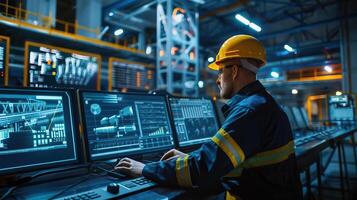 Engineer monitoring automation from a control room in a smart factory photo